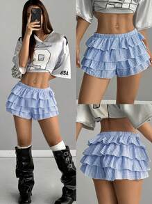 SHEIN EZwear 女士 Y2K Blockcore 运动装浅蓝色格子荷叶边短裤 - 淺藍色 - 查看 1
