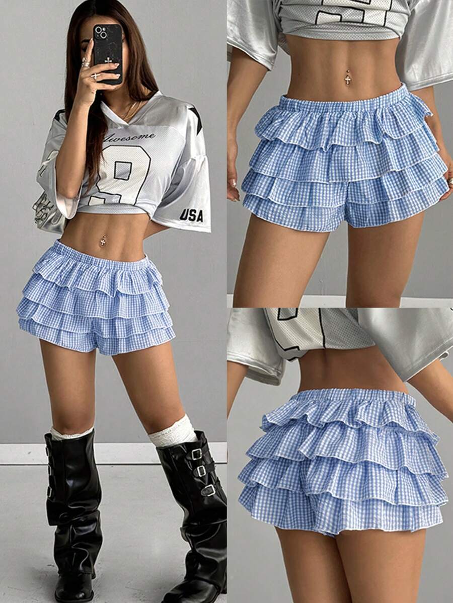 SHEIN EZwear 女士 Y2K Blockcore 运动装浅蓝色格子荷叶边短裤 - 淺藍色 - 查看 1