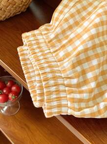 Comfortcana 大码黄色格子蝴蝶结装饰休闲短裤，春夏服装 - 黃色 - 查看 5