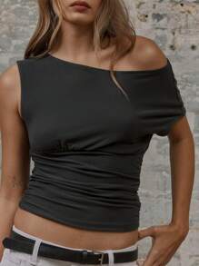 MUSERA Asymmetric Neck Ruched Short Sleeve Top Summer Ibiza Fall