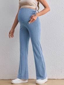 SHEIN 孕妇牛仔紧身喇叭牛仔裤，休闲蓝色孕妇牛仔裤 - 淺色水洗藍 - 查看 6