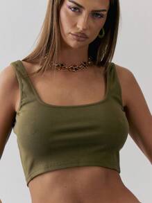 MUSERA Scoop Neck Ribbed Cropped Tank Top Vacation Spring Summer Holiday - Army Green - View 5