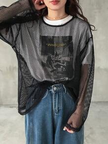 FRIFUL Camiseta holgada de mujer de malla transparente negra, top de capa para primavera/verano