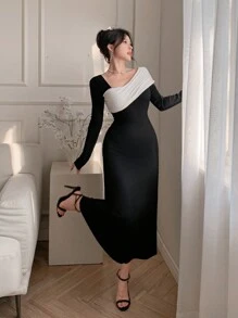 DAZY Women's Contrast Color Patchwork Asymmetrical Neck Bodycon Midi Dress, Elegant Party Dress