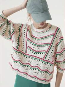 INAWLY Women's Comfortable & Elegant Striped Crew Neck Pullover Sweater, Spring & Summer