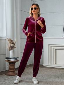SHEIN LUNE 2pcs/Set Women Casual Hooded Velvet Long Sleeve Outfit, Autumn