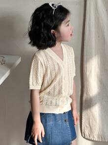 DAZY Young Girl Solid Color Short Sleeve Single-Breasted Casual Hollow Out Cardigan,Girls Summer Outfits - Apricot - View 5