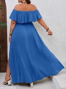 SHEIN VCAY Vestido de vacaciones con hombros descubiertos y volantes para tallas grandes - Azul - Ver 2