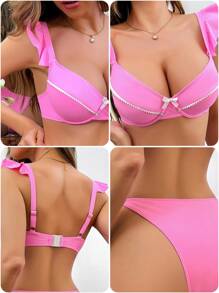 Swim DD+ Conjunto de bikini con tirantes ajustables, volantes, relleno extraíble y efecto push-up para el verano - Rosa - Ver 8