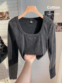 Comfortcana Camiseta corta de manga larga con cuello cuadrado y ajuste ceñido, con lavado ácido, para mujer - Negro - Ver 8