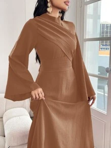 Modelyn 女士长袖纯色连衣裙，简约休闲风格，适合日常穿着 - 卡其色 - 查看 5