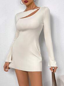 INAWLY Women Elegant Textured Hollow Out Flared Long Sleeve Dress Fall Cloth For Women - Apricot - View 5