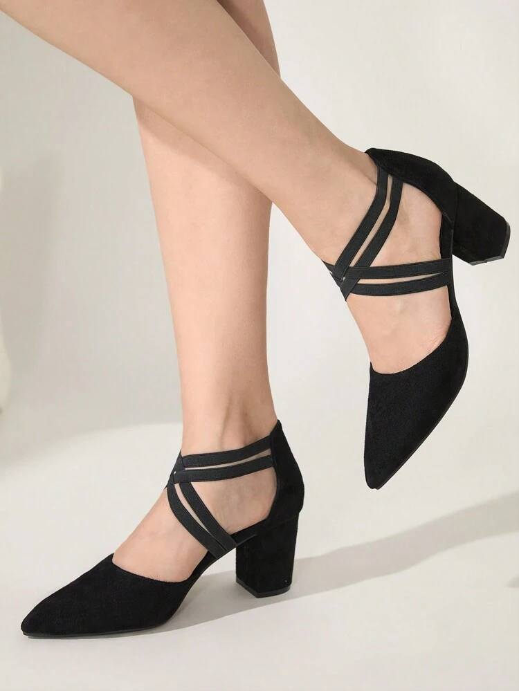 CUCCOO CHICEST Women Fashion Black Velvet Elastic Strap Pointed Toe Chunky High Heel Pumps, Office, Date, Party, Wedding, Holiday Summer Shoes Summer Break Easter Prom Heels For Christmas Elegant Shoes Wedding Shoes Summer Shoes Bride Shoes