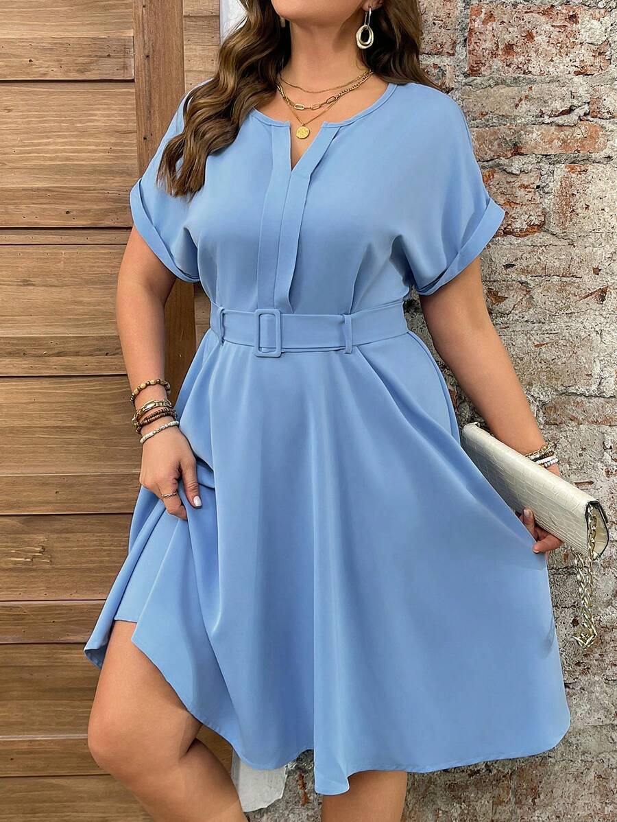 SHEIN Clasi Plus Size Casual Vacation V-Neck Cinched Waist Burgundy Dress - Blue - View 1