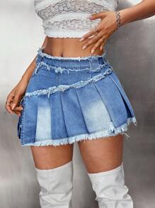 SHEIN ICON 女士腰部拼接流苏不对称下摆短款牛仔迷你裙