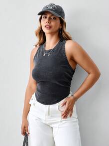 SHEIN BASICS Camiseta de punto de talla grande para mujer de unicolor, ajustada y sin mangas - Negro - Ver 5