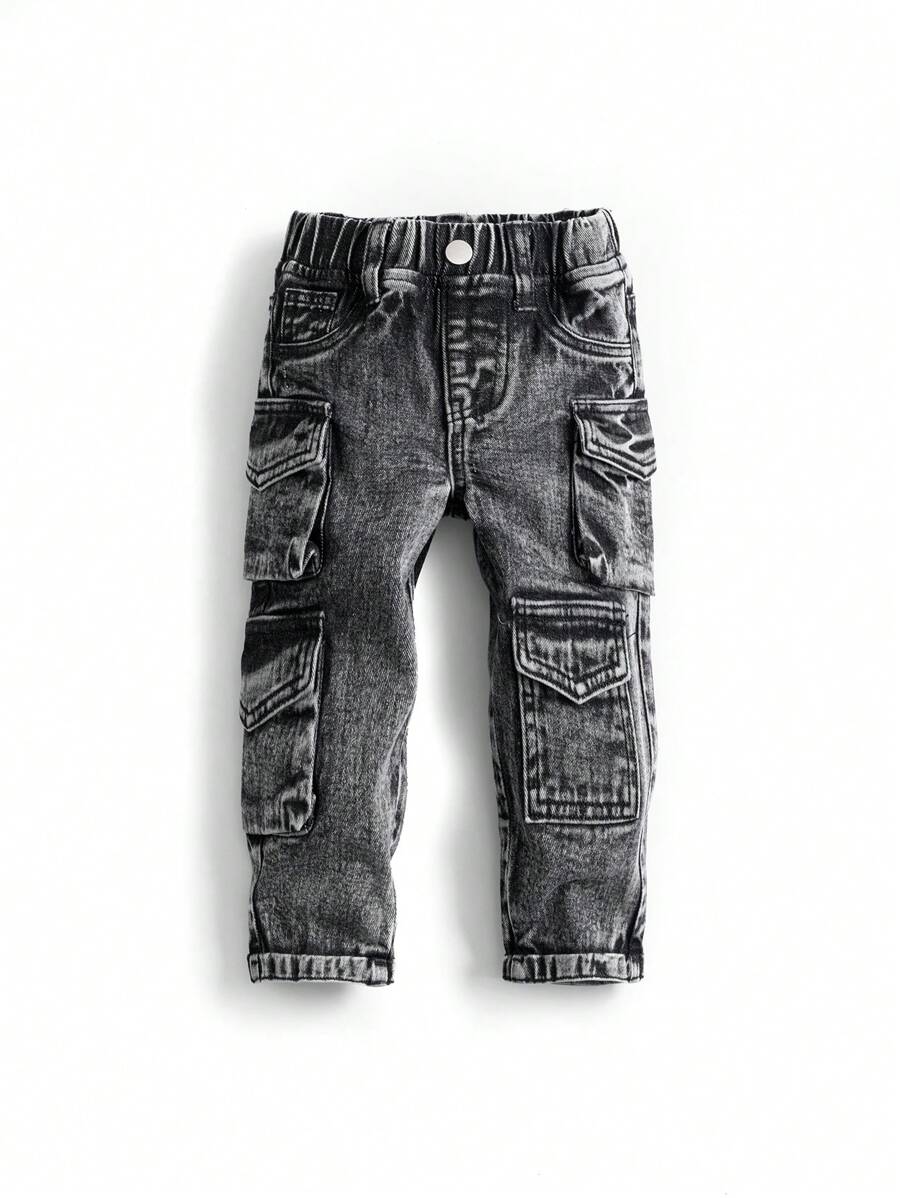 Pantalons en jean lavés pour garçons bébé, à poches cargo, avec taille élastique, décontractés et polyvalents, ourlet retroussé