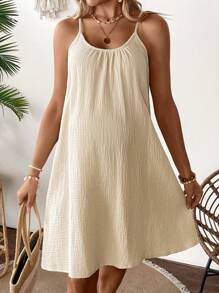 SHEIN Maternity Solid Color Spaghetti Strap Casual Mini Dress - Khaki - View 5