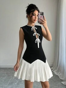 Calvaya Women's Color Block Pleated Tie Bow Sleeveless Mini Dress