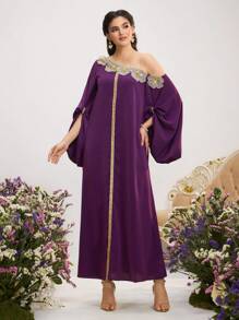 Al Najma Women's Asymmetrical Neck Long Sleeve Elegant Applique Decor Arabic Style Dress, Kaftan & Jalabiya
