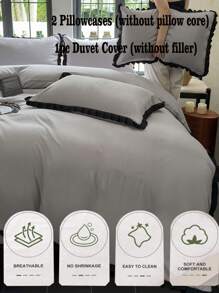 3pcs Light Gray Soft & Skin-Friendly Dorm Bed Narrow Ruffle Duvet Cover Set, 2 Pillowcases 1 Quilt Cover, Without Filler, Machine Washable