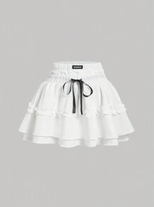 SHEIN MOD 白色梦幻优雅浪漫喇叭裙，采用分层荷叶边下摆和蝴蝶结装饰，适合约会、派对、节日、茶会、生日装 - 白色 - 查看 1