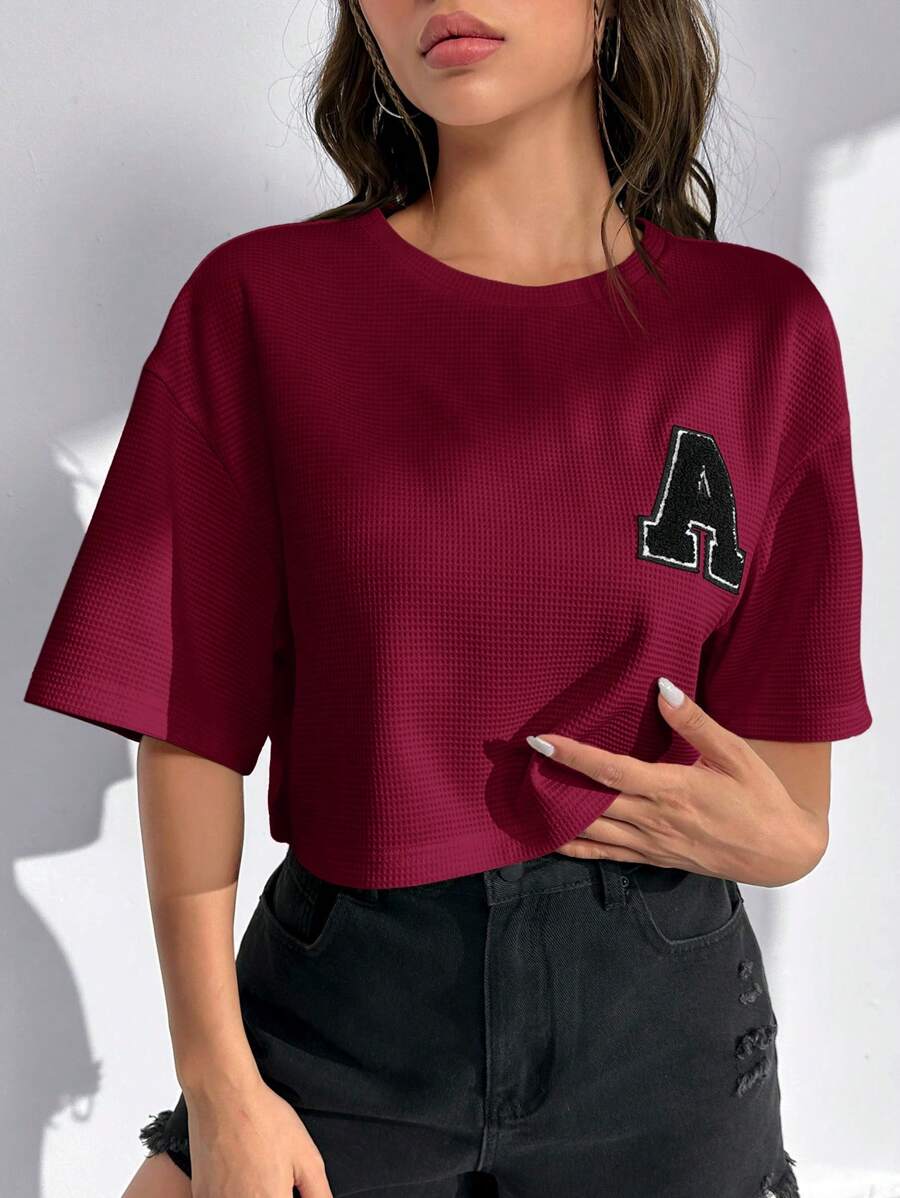 SHEIN EZwear 勃艮第针织女式短款夏季 T 恤 - 酒紅色 - 查看 1