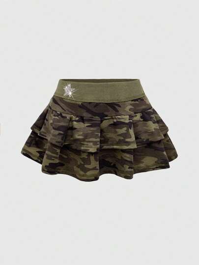 Kawaii Plus Size Camouflage & Star Rhinestone Decor Skirt