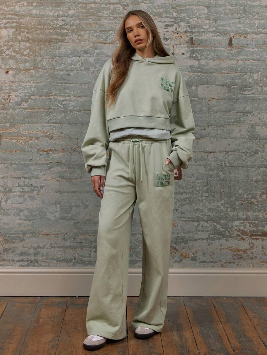 MUSERA Wide Leg Drawstring Waist Embroidery Detail Tracksuit Bottoms Vacation Summer Sexy - Green - View 1