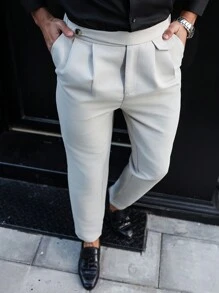 Manfinity Mode Men's Plain Button Pocket Pleated Casual Pants, Basic Everyday Wear - Beige - View 1