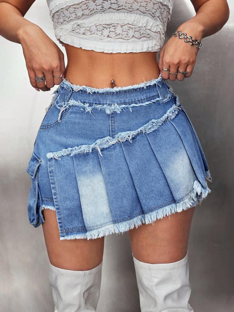 SHEIN ICON Women Waist Splicing Fringe Asymmetric Hem Short Denim Mini Skirt - Dark Wash - View 4