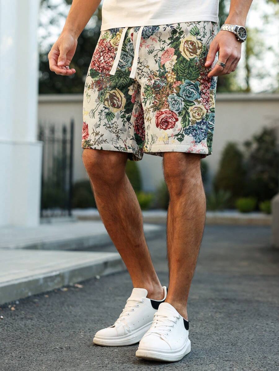 Manfinity Homme Men's Casual Floral Jacquard Drawstring Waist Shorts - Multicolor - View 1