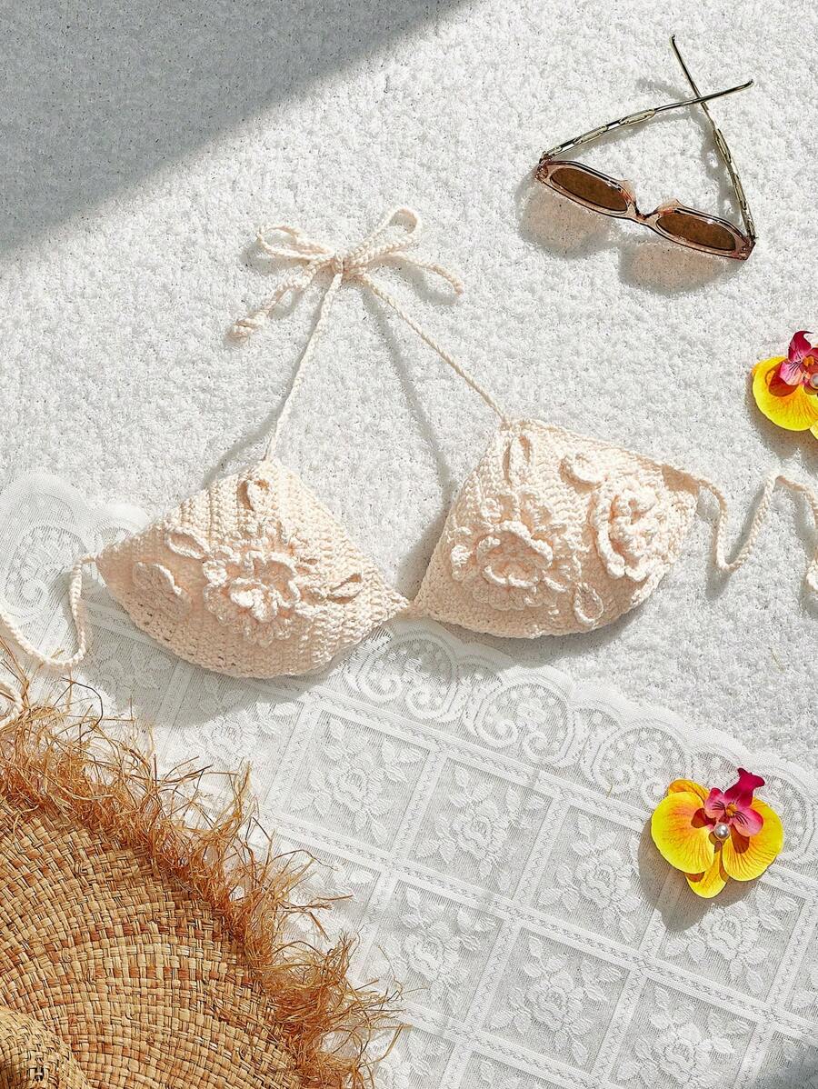 SHEIN MOD Women's Apricot Color Crochet Halter Swimwear Cover Up Top, For Summer Beach Vacation - Apricot - View 1