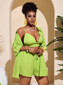 Slaydiva Plus Size 3pcs/Set Casual Vacation Outfit, Including Loose Short Sleeve Shirt, Short Camisole, And Shorts For Women,Holiday Outfits - Green - View 6