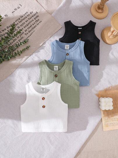 4pcs/Set Newborn 4 Solid,Open Half Collar Sleeveless Top