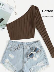 SHEIN EZwear Top corto de un hombro tejido de canalé - Café integral - Ver 6