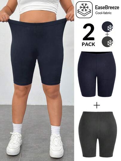 SHEIN EZwear 2pcs Women Plus Size Summer Breathable Ice Silk Casual Seamless High Waist Shorts, Leggings & Sports Tights Set