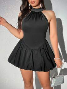 Viva Relle Vestido elegante y romántico sin mangas con cuello halter y volantes para mujer de talla grande