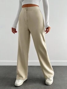 EURMUSE Women's Solid Color High Waist Straight Loose Casual Pants - Beige - View 3