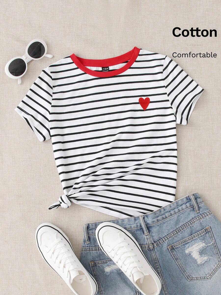 SHEIN EZwear Summer Contrasting Colors Heart Embroidery Black And White Striped Short Sleeves Fit Tee