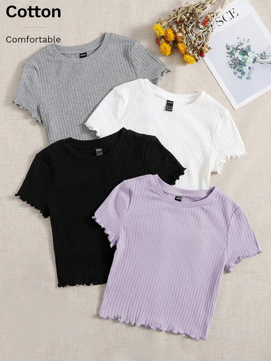 SHEIN EZwear Summer Outfits 4pcs Lettuce Trim Rib Knit Tee - Multicolor - View 1