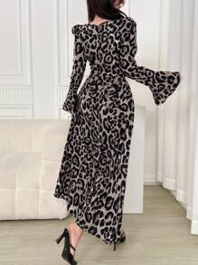 Feyla Vestido de mujer de manga de campana con estampado elegante de leopardo - Blanco y Negro - Ver 2