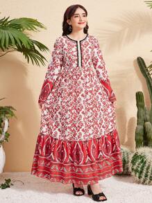 Teen Girl Long Modest Dress With Floral Retro Print, Fashion, Comfortable Fabric, Suitable For Summer - Red - View 5