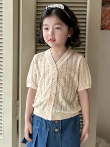 DAZY Young Girl Solid Color Short Sleeve Single-Breasted Casual Hollow Out Cardigan,Girls Summer Outfits - Apricot - View 4