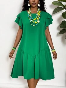 Slaydiva Plus Size Round Neck A-Line Knee Length Ruffle Sleeve Romantic Hem Green Casual Spring/Summer Vacation Dress