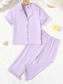 Tween Girls Casual Solid Color Kimono Cardigan With Lace Trim & Solid Color Pants With Lace Hem, Comfortable 2 Pieces Loungewear Set - Mauve Purple - View 1