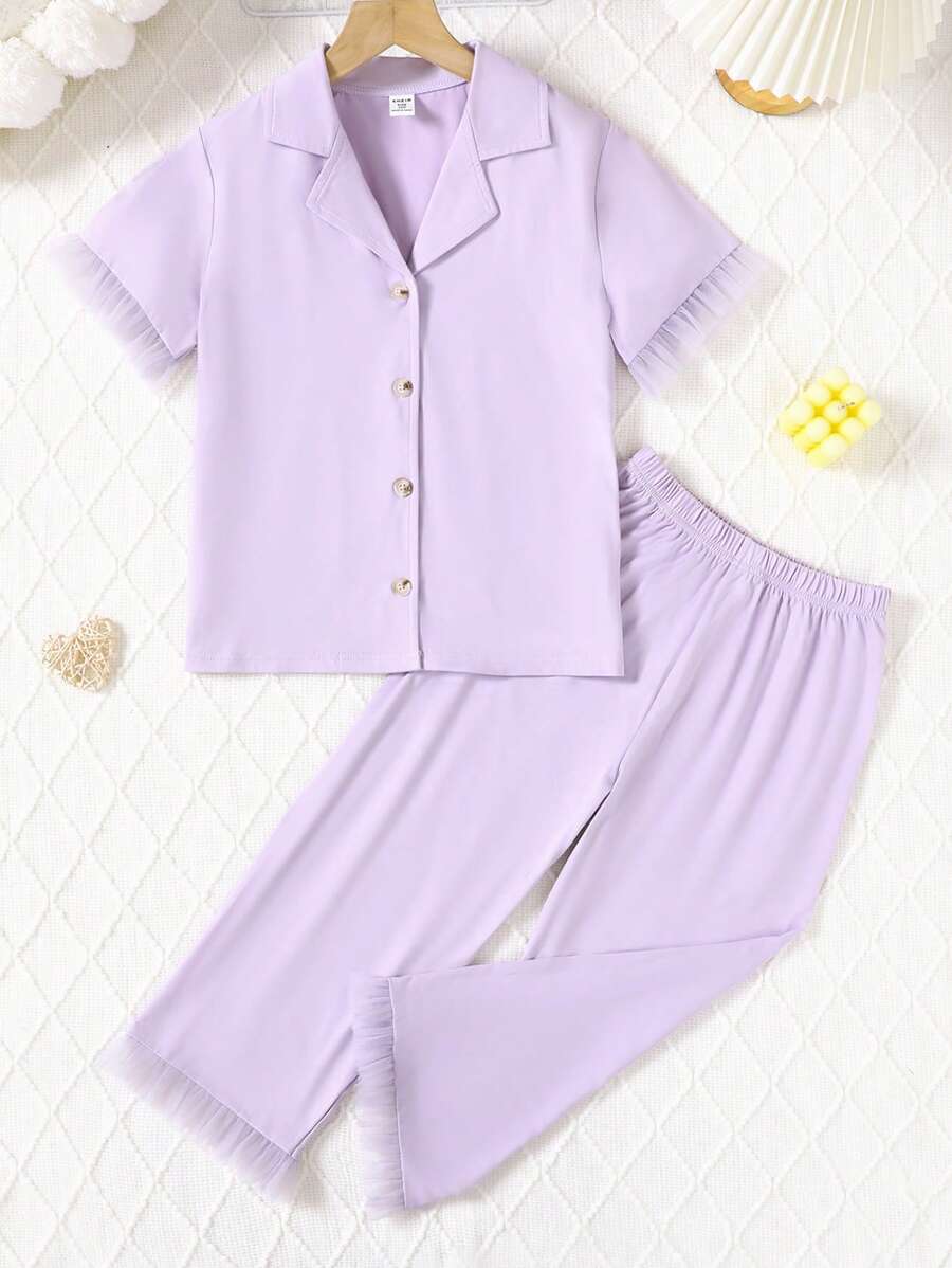 Tween Girls Casual Solid Color Kimono Cardigan With Lace Trim & Solid Color Pants With Lace Hem, Comfortable 2 Pieces Loungewear Set - Mauve Purple - View 1