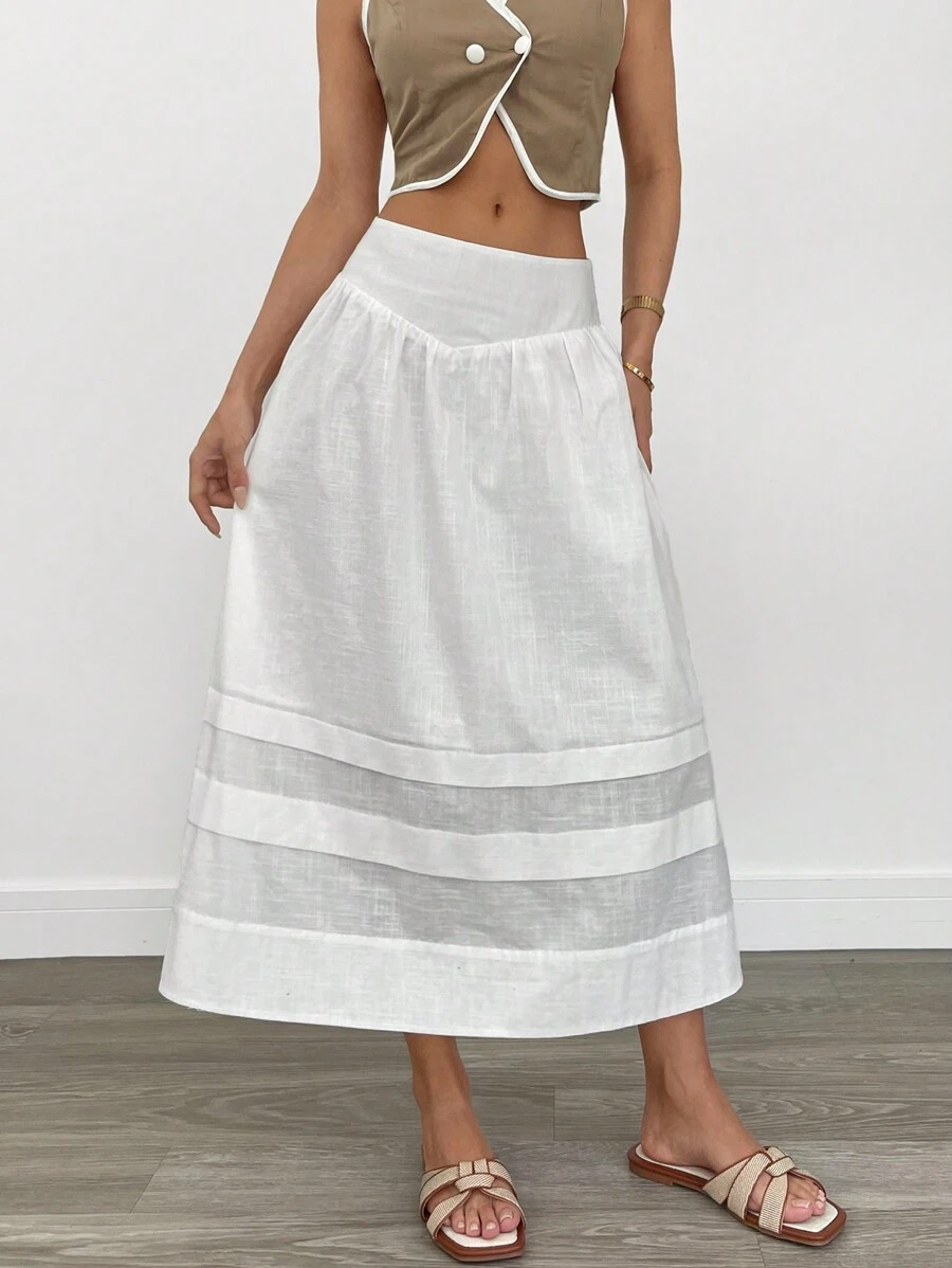 SHEIN Essnce 女士白色纯色褶皱简约 A 字裙、休闲日常穿着、情人节服装、春夏裙子