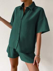 SHEIN Unity 休闲纯色短袖衬衫和短裤套装 - 墨綠色 - 查看 3
