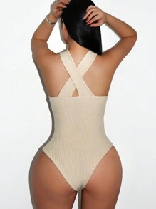 Zolique Women Solid Color Sleeveless Hollow Minimalist Slim Fit Bodysuit, Casual Resort Wear
